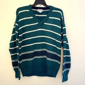 IZOD Vintage 80s Aztec Cotton Striped Grandpa Knit V Neck Sweater, Teal- Med.